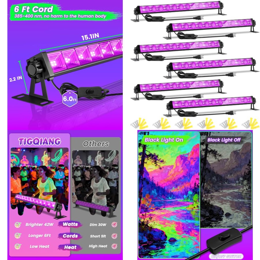 Party Supplies - 4WパックLEDブラックライトバー、フットケーブル+スイッチ+プラグ付きで広いエリアを照らすブラックライト、ハロウィン用グローパーティーライトサプライ