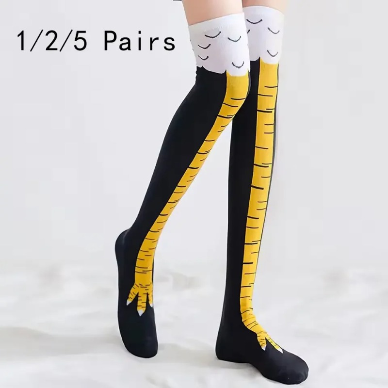 Funny Chicken Leg Socks - 1/2/5足組 レディース ニーハイソックス トレンド カートゥーン 面白い鶏の爪ソックス