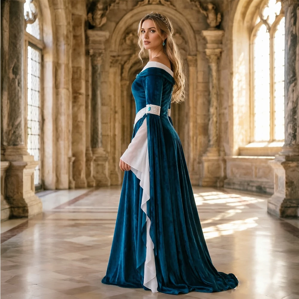 Medieval Renaissance Dress Women - 中世ルネサンスエルフスタイルドレス オフショルダー ティールベルベット シフォン フレアスリーブ プリンセス