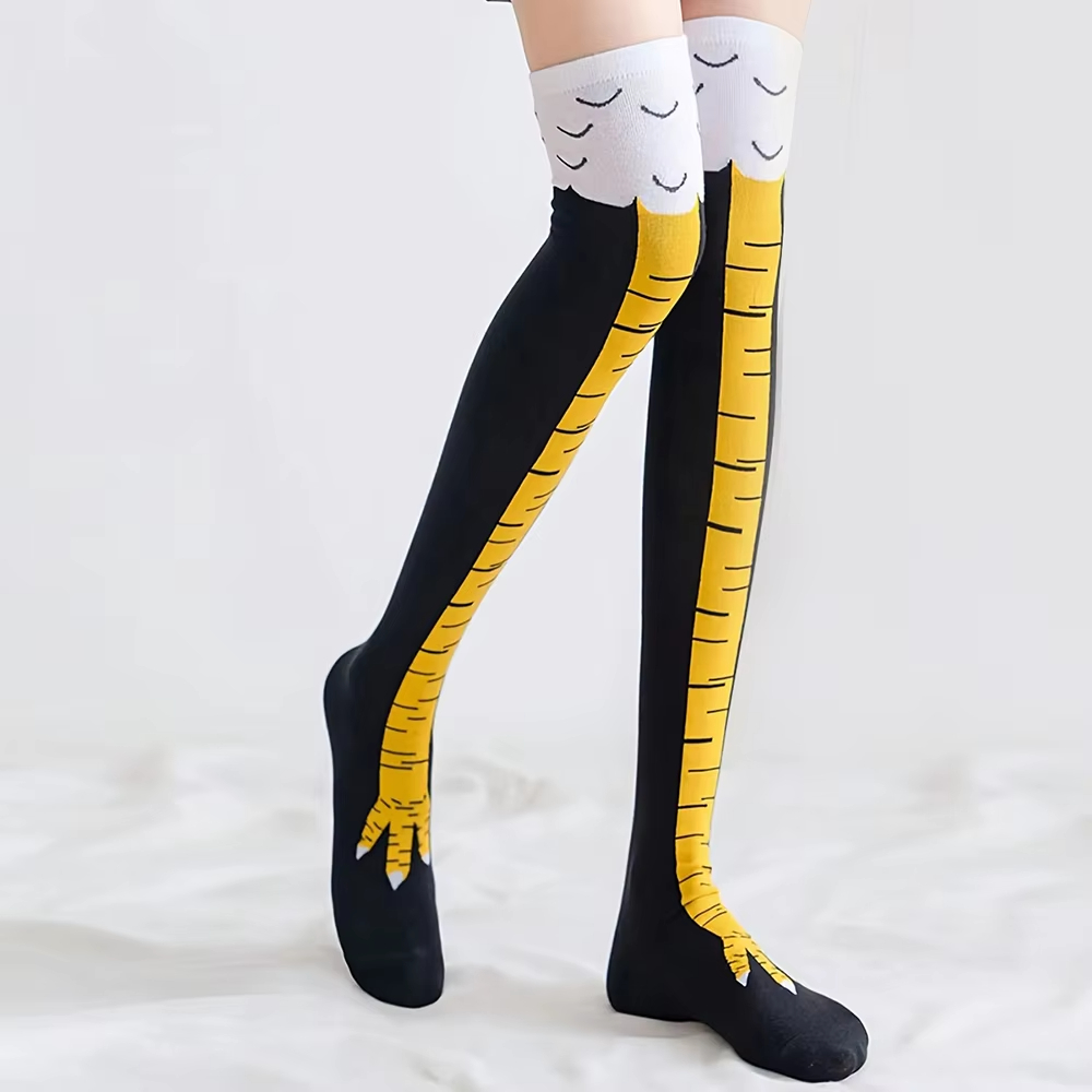 Funny Chicken Leg Socks - 1/2ペアの鶏の足プリントの女性用太もも丈ソックス、斬新な漫画の動物の足のオーバーニーストッキング、面白いニーハイソックス
