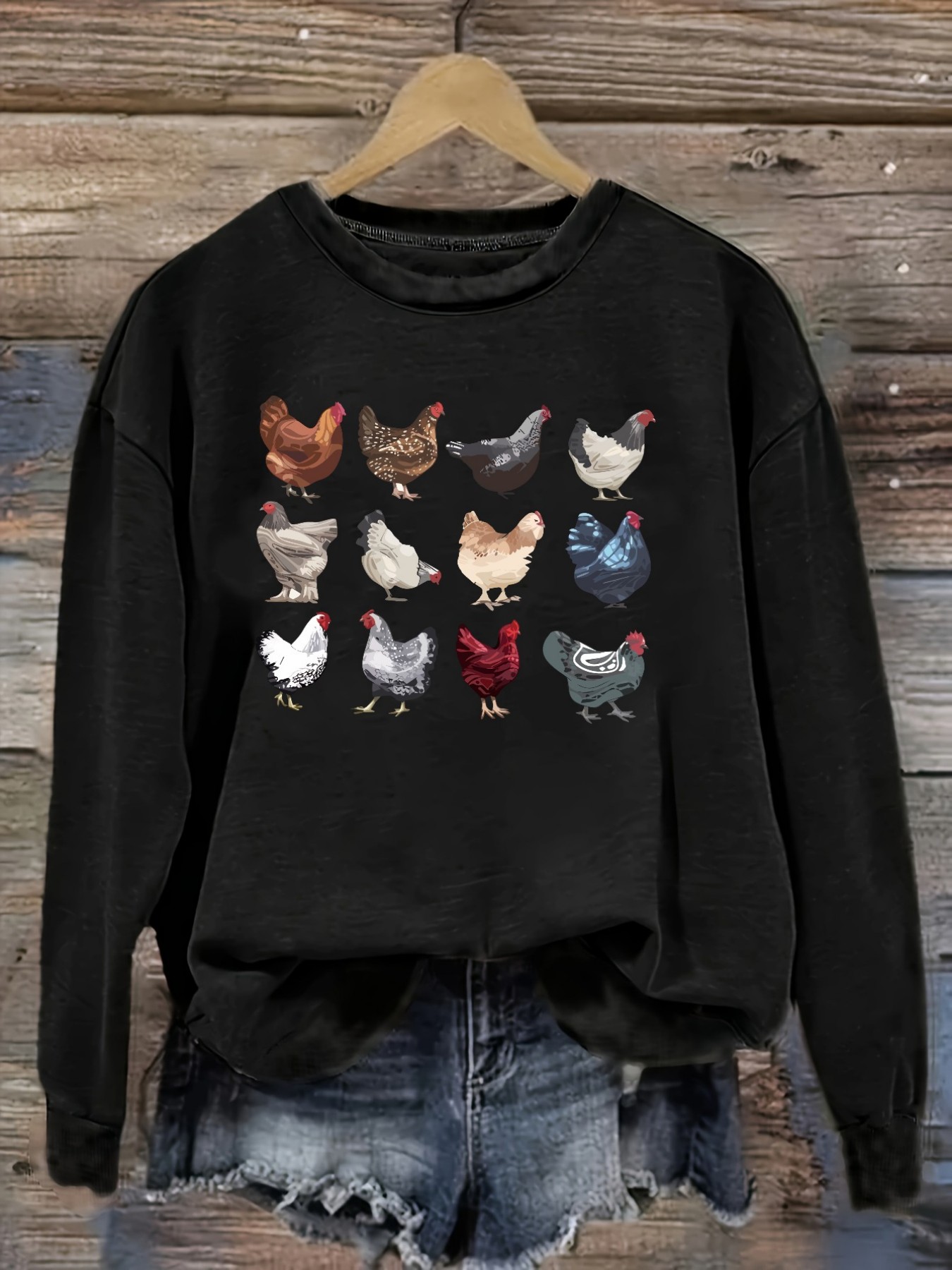 Costumes - レディースカジュアル長袖クルーネックTシャツ、カラフルな鶏のイラストプリントデザイン、ラウンドネック婦人服、洗濯機で洗える、やや伸縮性あり、ゆったりフィット、春・秋・冬用レディースTシャツ、ハロウィンコスチューム衣装