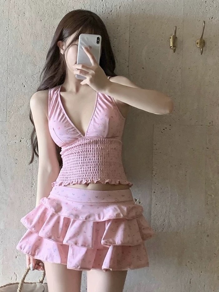 Costumes - 夏の女性の服痩身タンキニ水着女性控えめなスカート付きビキニセット女性用ポリエステルヴィンテージ花柄プリント