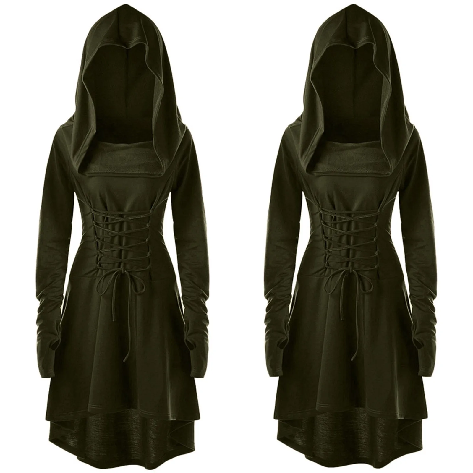 Medieval Renaissance Dress Women - 中世のフロースト女性アーチャーコスチュームフード付きピクシーコスプレドレス長袖ルネッサンスハンターLARPローブ包帯プラスサイズs-4XL