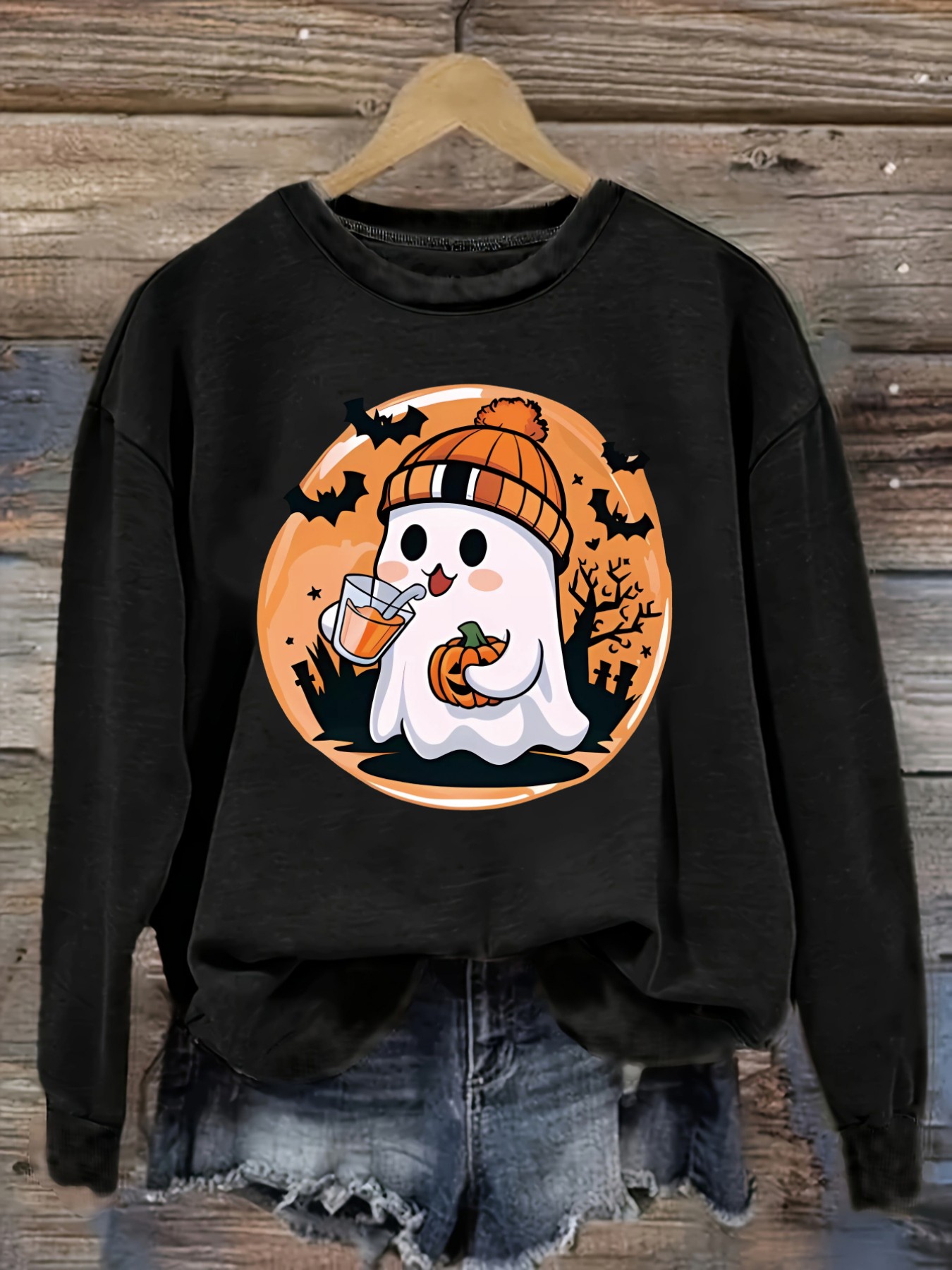 Costumes - レディースカジュアル長袖クルーネックTシャツ、かわいいゴーストがカボチャドリンクを抱えているデザイン、ラウンドネック婦人服、洗濯機で洗える、やや伸縮性あり、ゆったりフィット、春・秋・冬用レディースTシャツ、ハロウィンコスチューム衣装