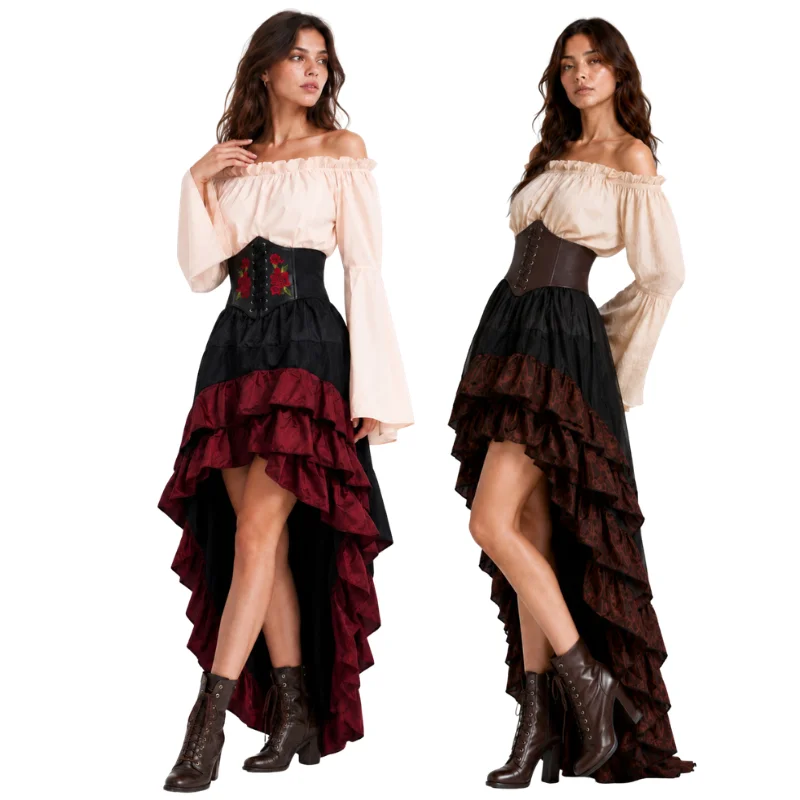 Medieval Renaissance Dress Women - ハロウィン中世レトロ海賊ドレス キャプテン ラッフルウエスト ロングドレス 宮廷ドレス 3点セット