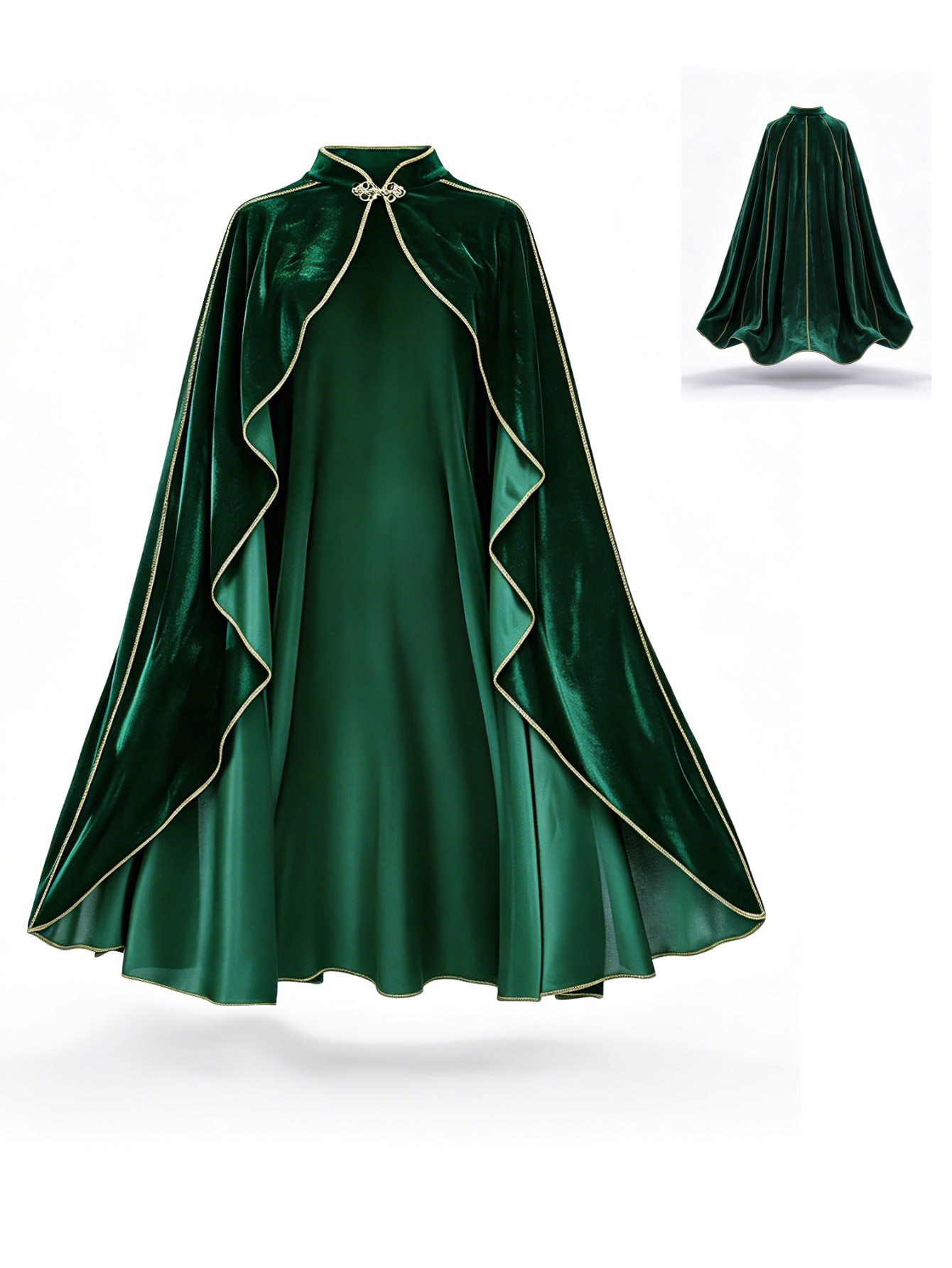 Medieval Renaissance Dress Women - 女性用ヴィンテージグリーンベルベットケープマント、ゴールドトリムスタンドカラー、コスプレコスチューム、ハロウィンパーティー用ロングケープ、中世ルネサンス風ドレスアップ