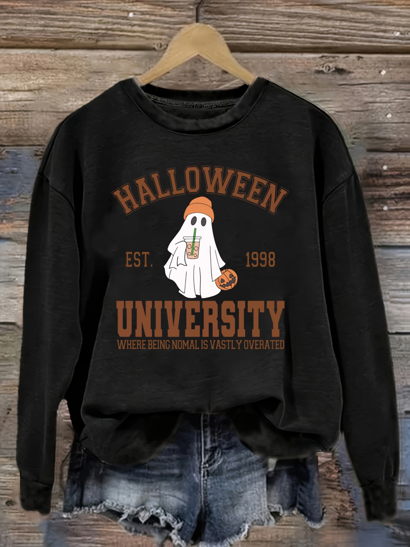 Costumes - レディースカジュアル長袖クルーネックTシャツ、ハロウィン大学ゴーストプリントデザイン、ラウンドネック婦人服、洗濯機で洗える、やや伸縮性あり、ゆったりフィット、春・秋・冬用レディースTシャツ、ハロウィンコスチューム衣装