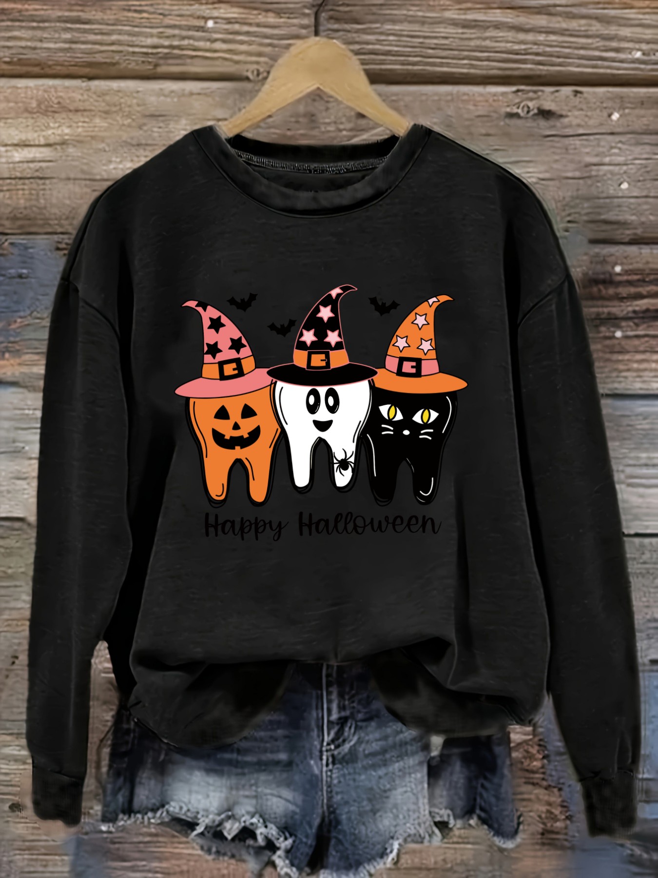 Costumes - レディースカジュアル長袖クルーネックTシャツ、ハッピーハロウィン歯の魔女帽子デザイン、ラウンドネック婦人服、洗濯機で洗える、やや伸縮性あり、ゆったりフィット、春・秋・冬用レディースTシャツ、ハロウィンコスチューム衣装