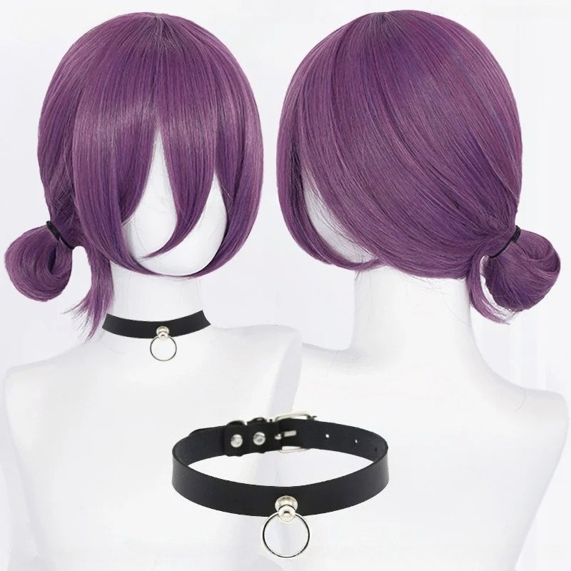 Anime Cosplay Wig Heat Resistant - アニメレゼコスプレウィッグ 45 センチメートル紫ウィッグチョーカー付きコスプレ衣装女性レゼウィッグ耐熱人工毛ウィッグ
