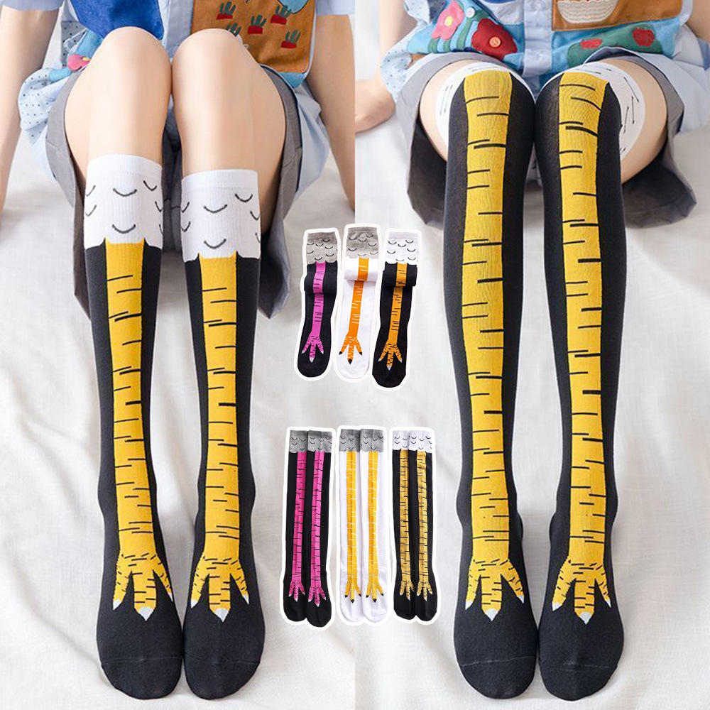 Funny Chicken Leg Socks - 1-4組の女性用ニーハイソックス、トレンディな漫画柄の面白いチキンクロウソックス、フィットネススポーツカジュアルスリムレッグロングチューブソックス女性用