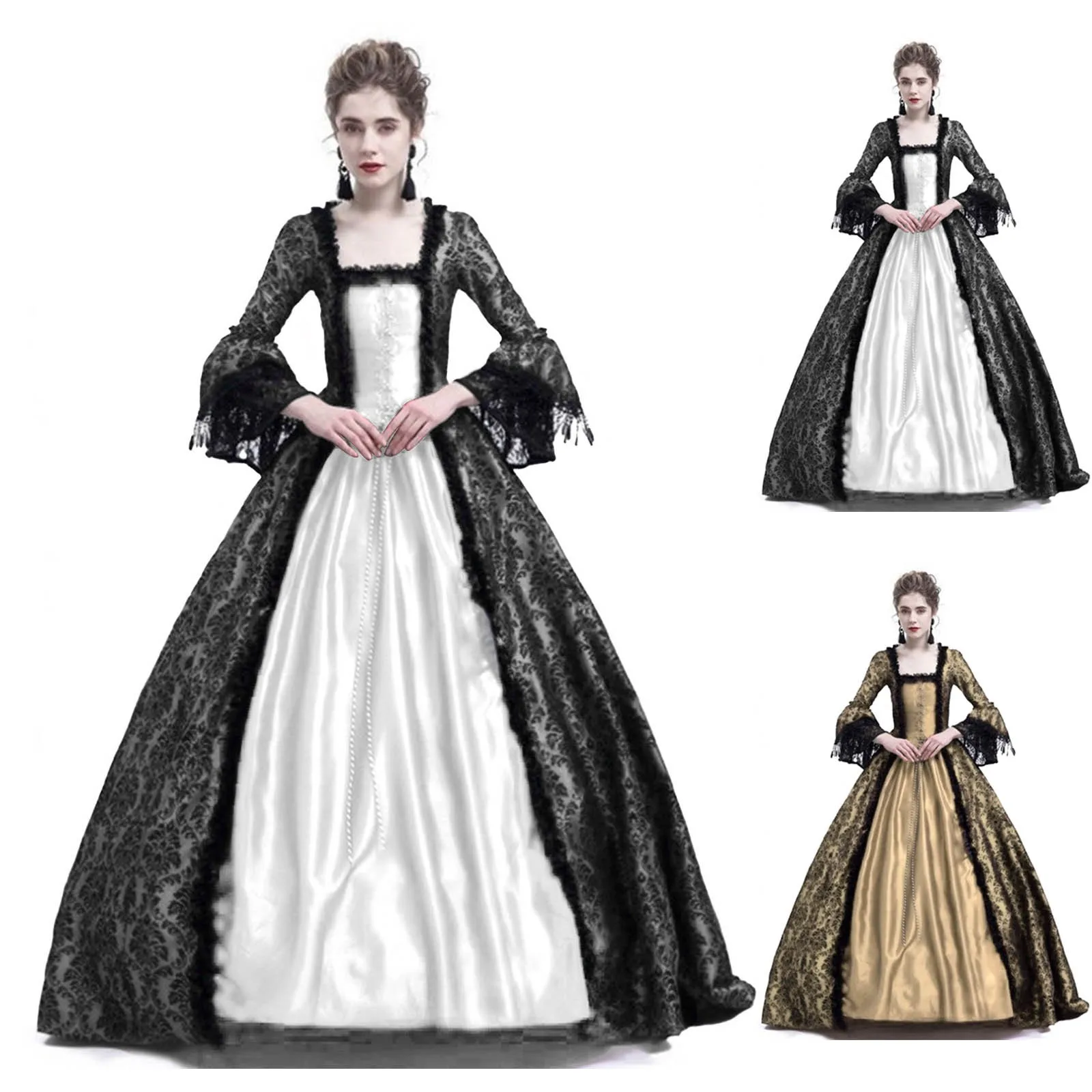 Medieval Renaissance Dress Women - ハロウィンコスプレパレス女性用レーストランペットスリーブ中世風ドレスコスチュームヴィンテージマキシロングドレスプラスサイズビクトリア朝風ドレス