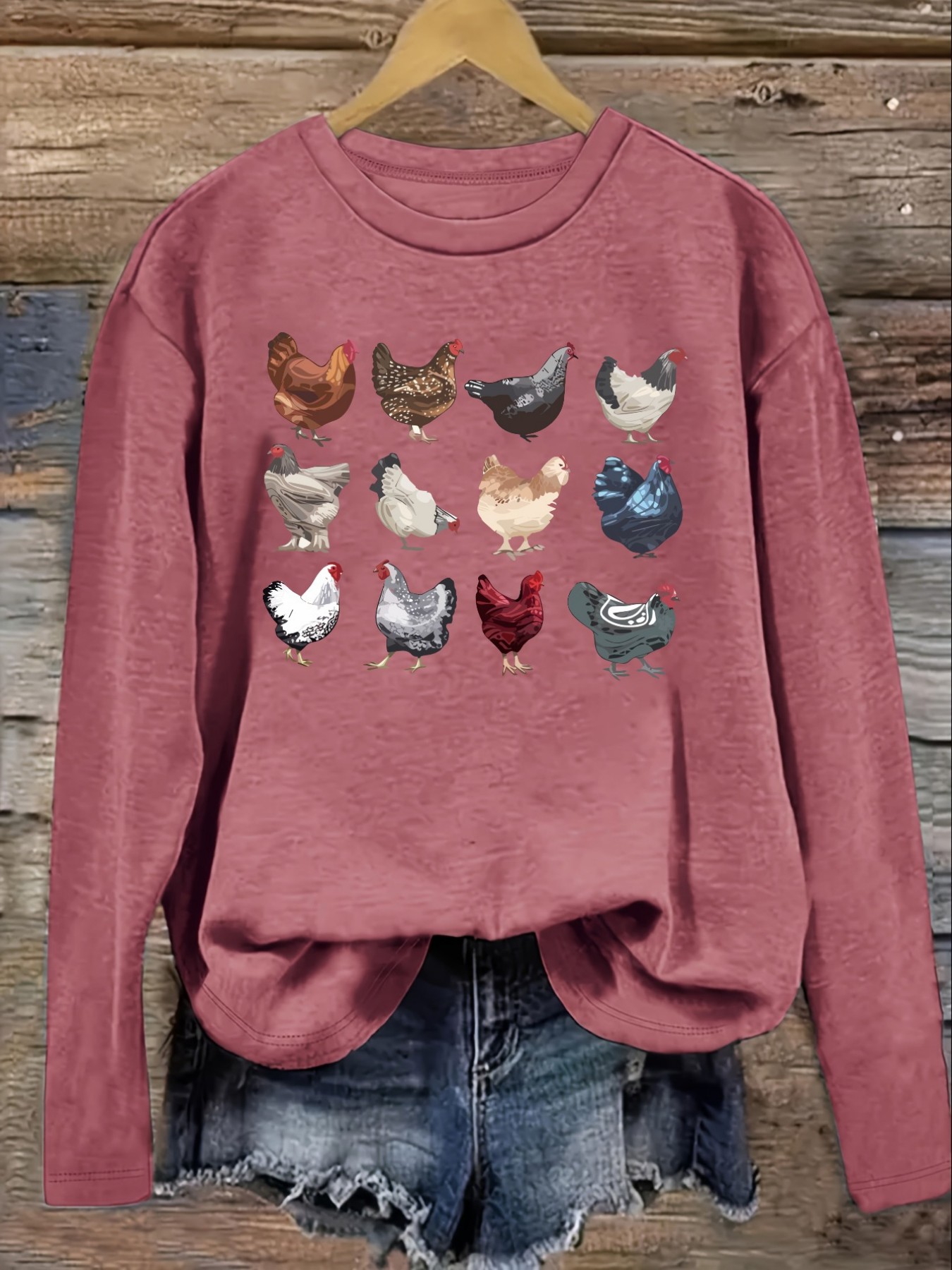レディースカジュアル長袖クルーネックTシャツ、カラフルな鶏の - Costumes のレビューと価格