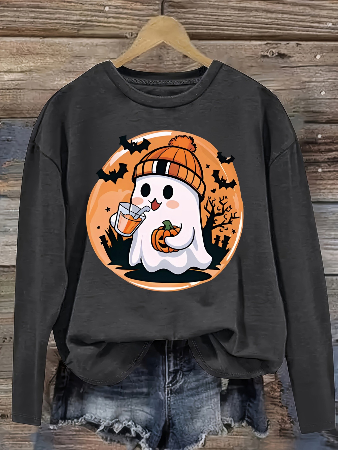 レディースカジュアル長袖クルーネックTシャツ、かわいいゴース - Costumes のレビューと価格