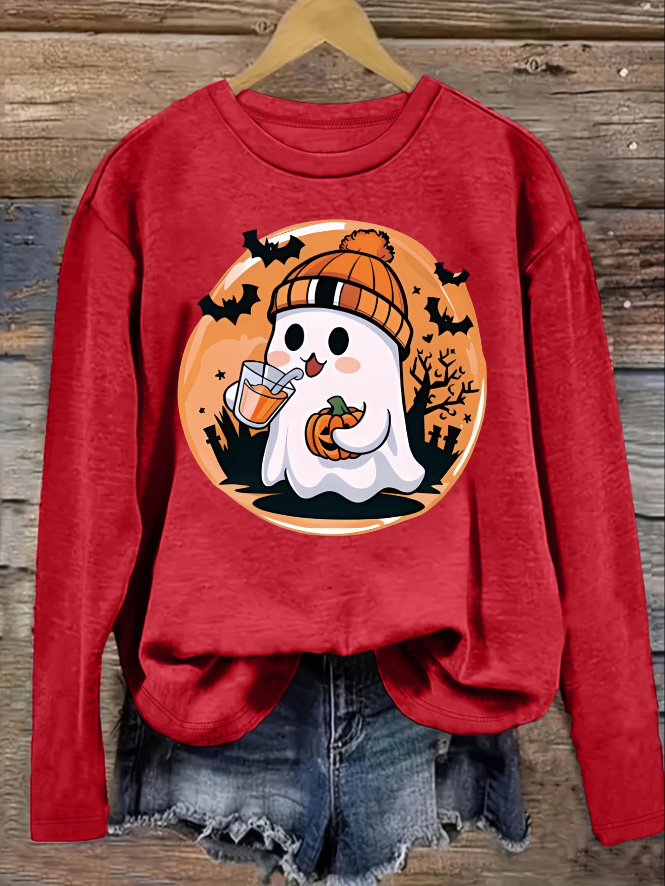 レディースカジュアル長袖クルーネックTシャツ、かわいいゴース - Costumes のレビューと価格