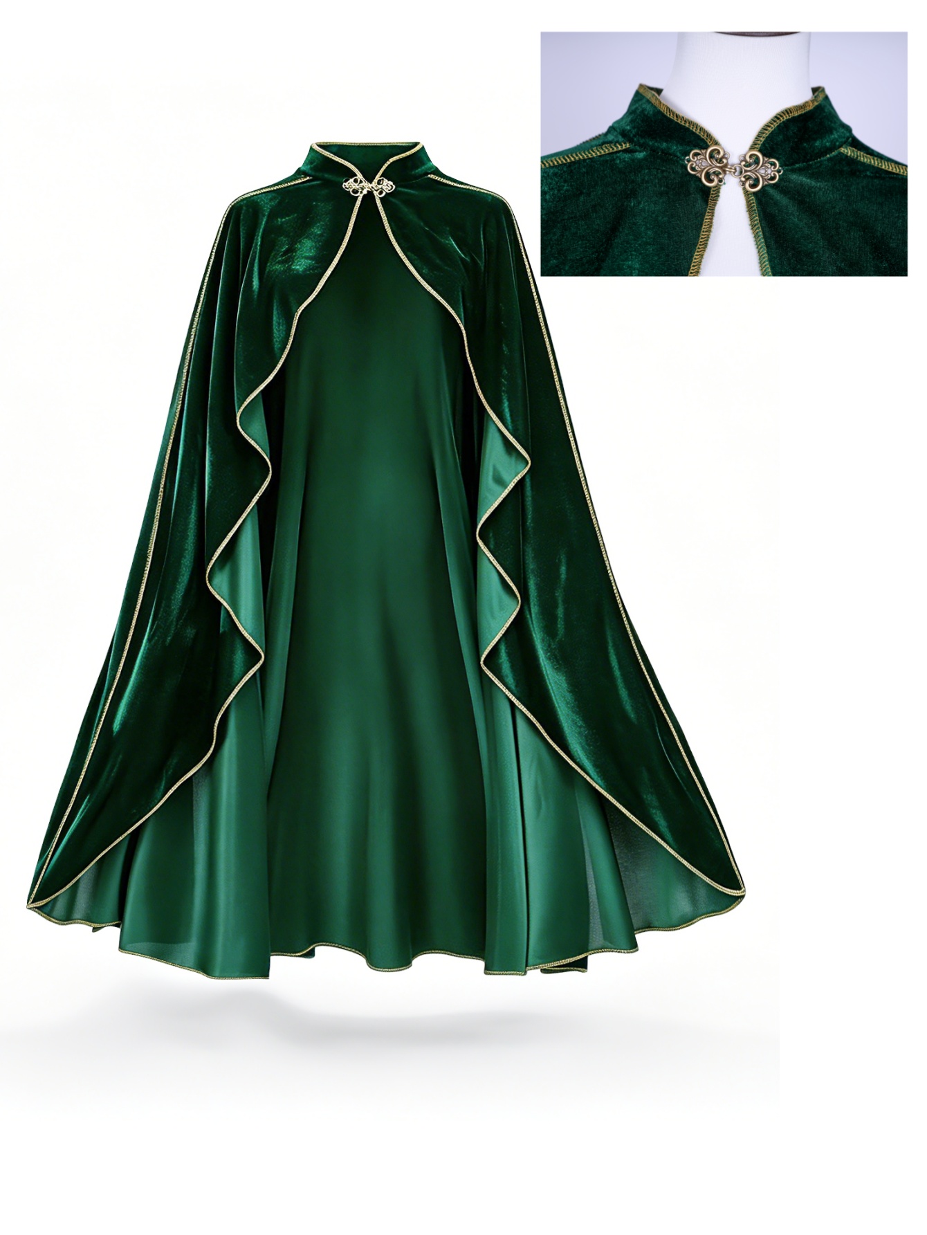 女性用ヴィンテージグリーンベルベットケープマント、ゴールドト - Medieval Renaissance Dress Women のレビューと価格