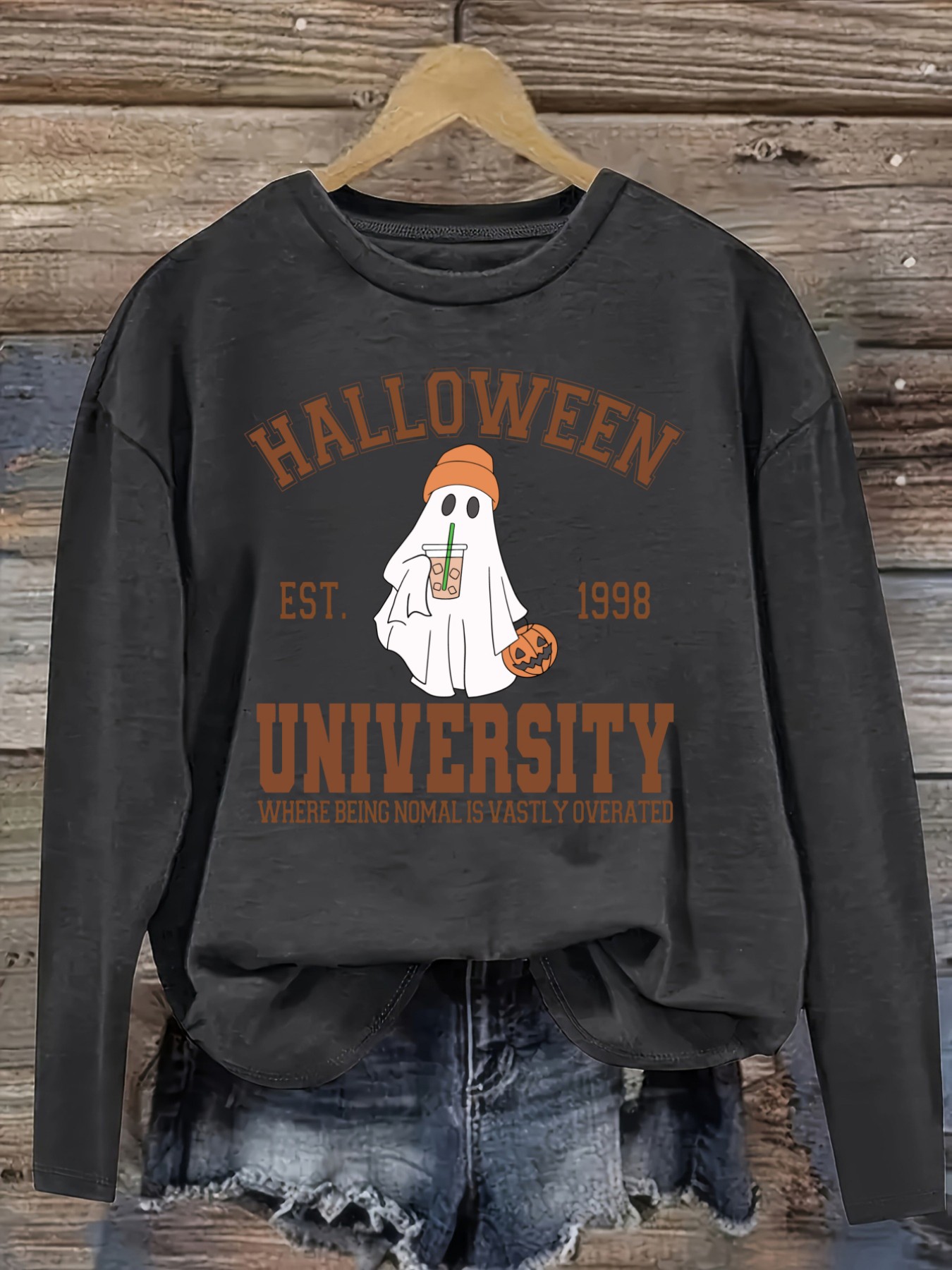 レディースカジュアル長袖クルーネックTシャツ、ハロウィン大学 - Costumes のレビューと価格