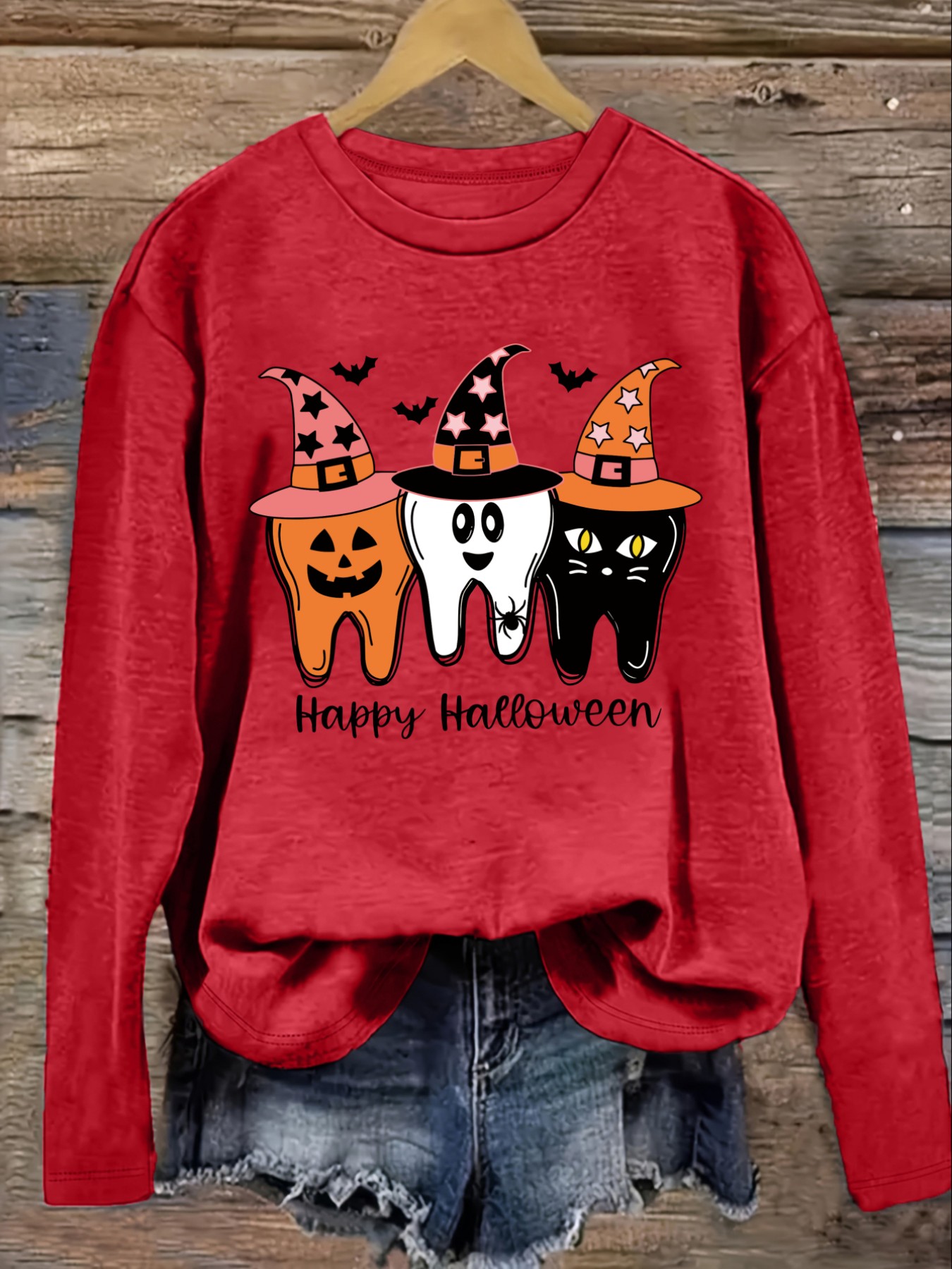 レディースカジュアル長袖クルーネックTシャツ、ハッピーハロウ - Costumes のレビューと価格